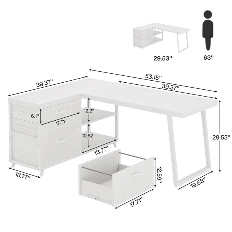 Bureau d'angle en L réversible avec tiroirs de classement, bureau d'ordinateur d'angle
