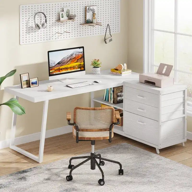 Bureau d'angle en L réversible avec tiroirs de classement, bureau d'ordinateur d'angle
