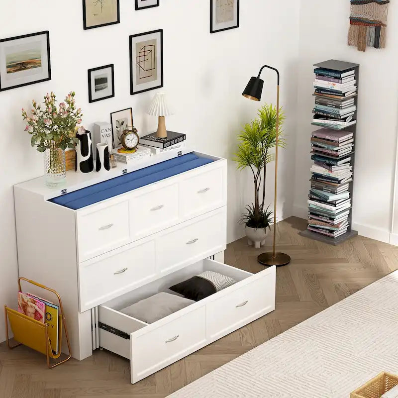 Lit double avec commode et tiroir convertible en meuble cube