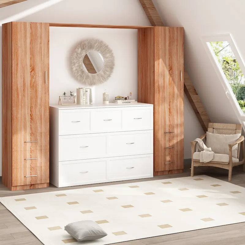 Lit double avec commode et tiroir convertible en meuble cube