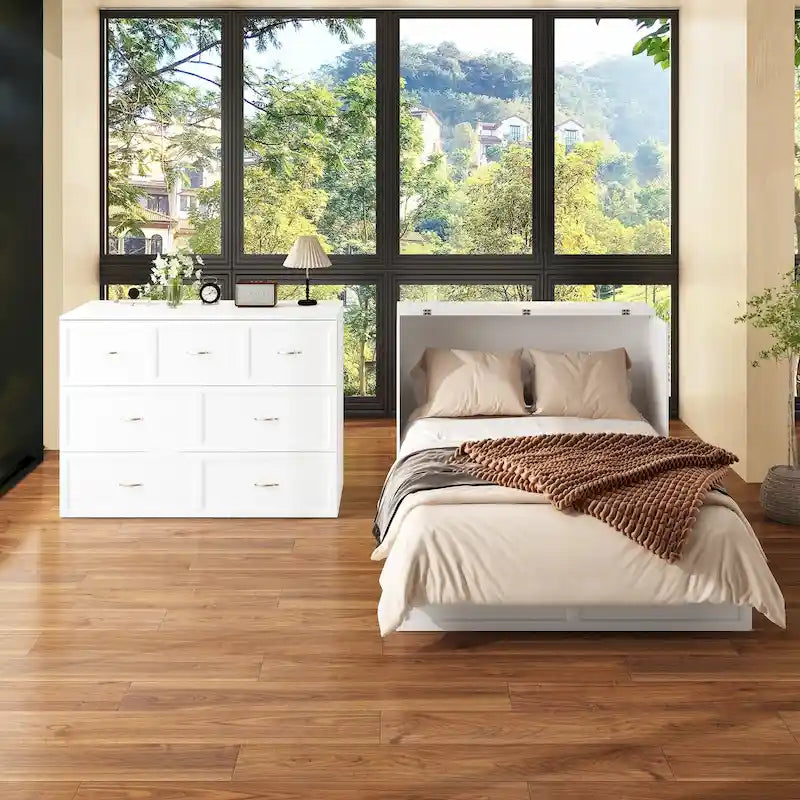 Lit double avec commode et tiroir convertible en meuble cube