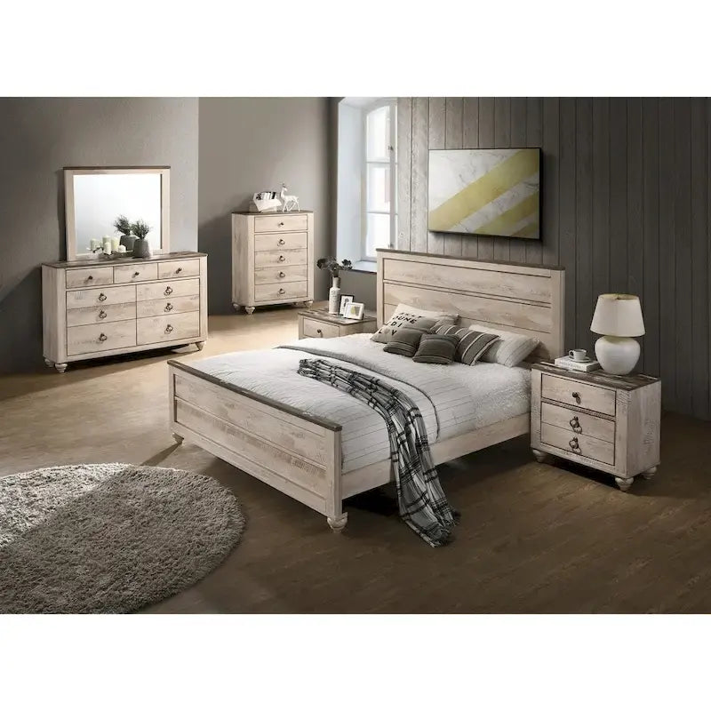 Ensemble de chambre contemporain 6 pièces Queen, blanc délavé