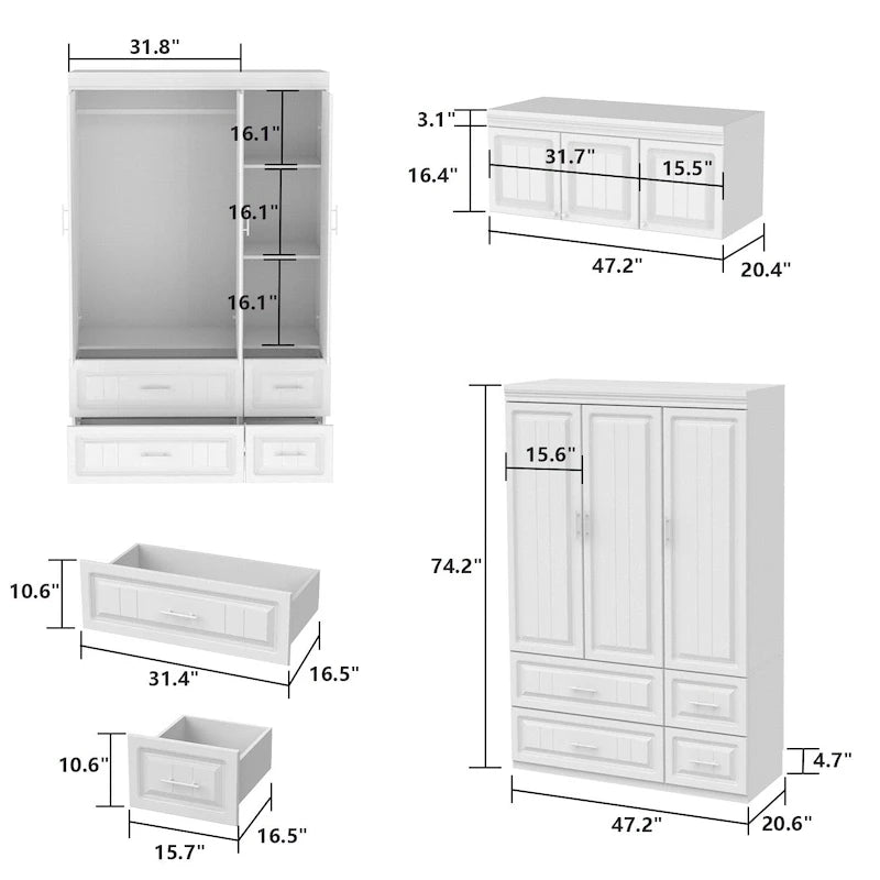 Grande Armoire Combinée, Penderie, Meuble de Rangement, Blanc