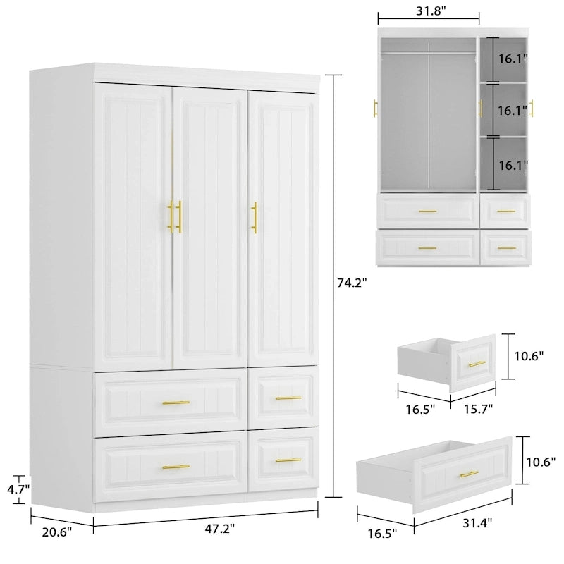 Grande Armoire Combinée, Penderie, Meuble de Rangement, Blanc