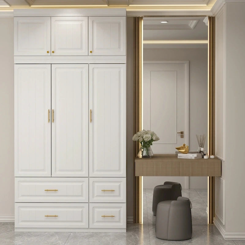 Grande Armoire Combinée, Penderie, Meuble de Rangement, Blanc
