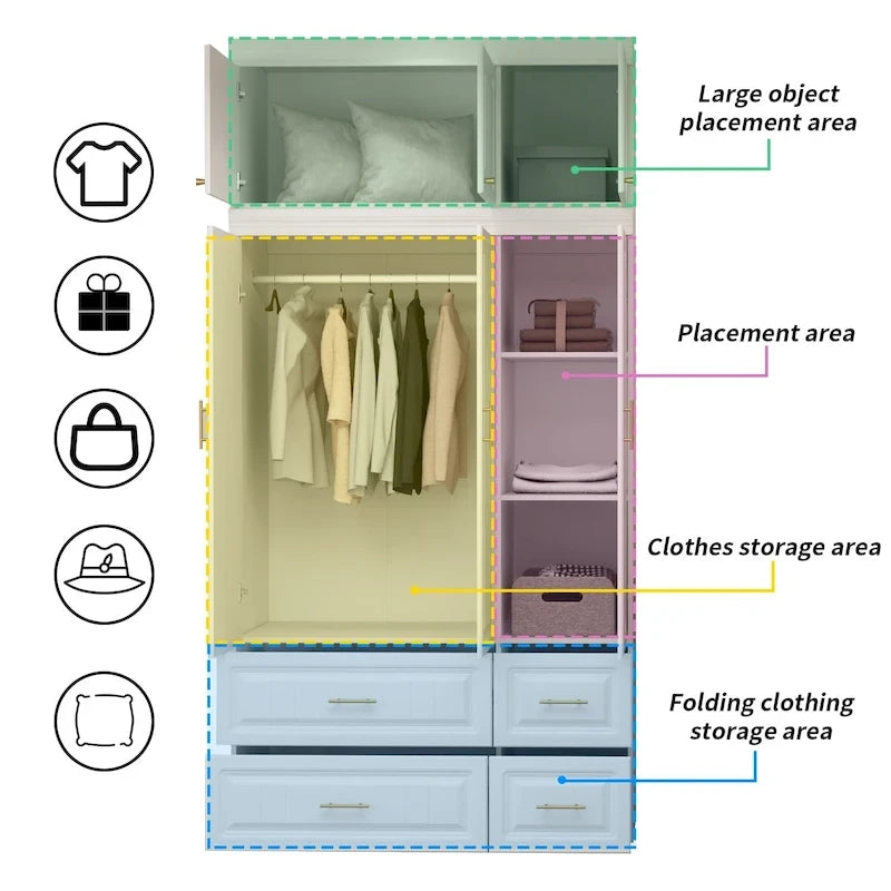 Grande Armoire Combinée, Penderie, Meuble de Rangement, Blanc