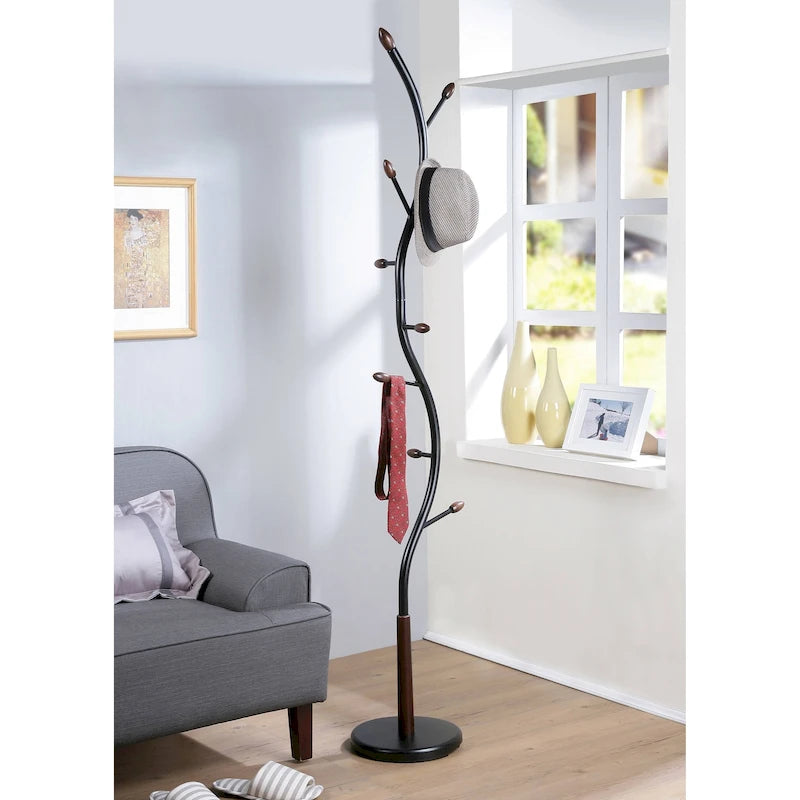 Porte-manteau sur pied en métal avec accents en noyer