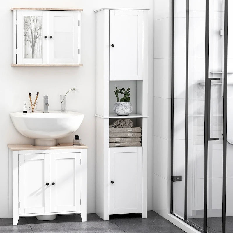 HOMCOM Tall Bathroom Storage Cabinet, Freestanding Linen Tower with 2-Tier Shelf and 2 Cupboards, White