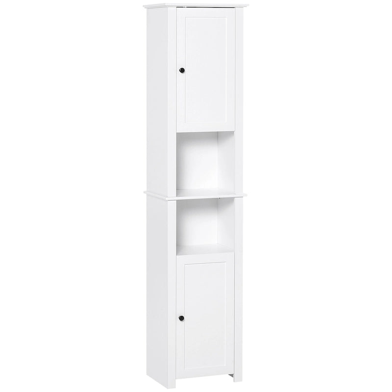 Meuble de rangement haut de salle de bain, colonne de salle de bain autoportante avec étagère à 2 niveaux et 2 placards, blanc