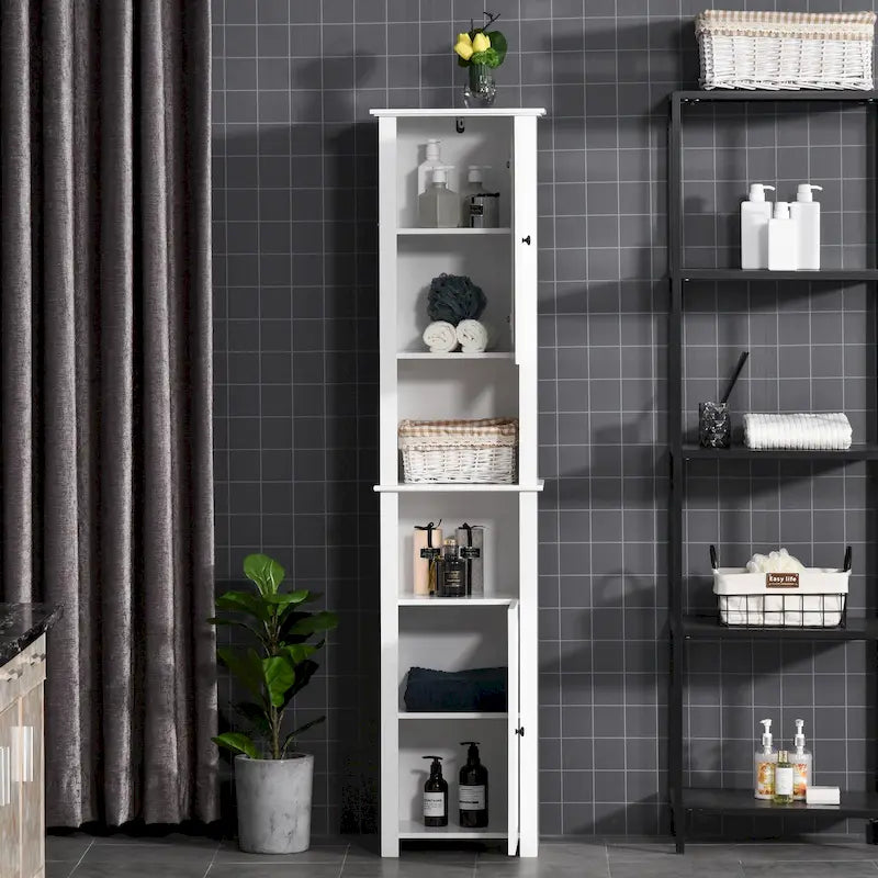Meuble de rangement haut de salle de bain, colonne de salle de bain autoportante avec étagère à 2 niveaux et 2 placards, blanc