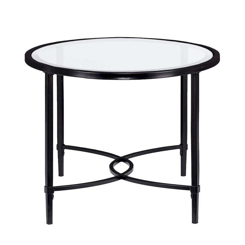 Table basse ovale en métal noir mat avec plateau en verre
