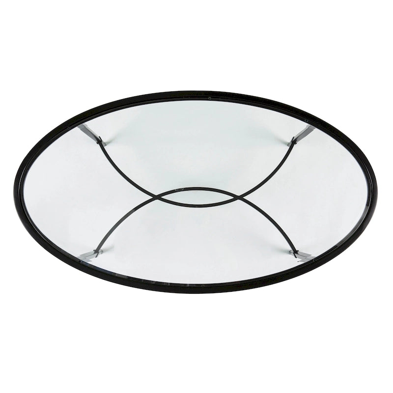 Table basse ovale en métal noir mat avec plateau en verre