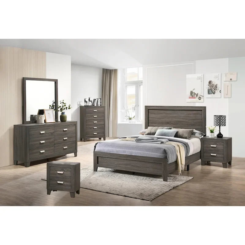Ensemble de chambre à coucher 6 pièces avec lit à panneaux, commode, miroir, chiffonnier et 2 tables de chevet
