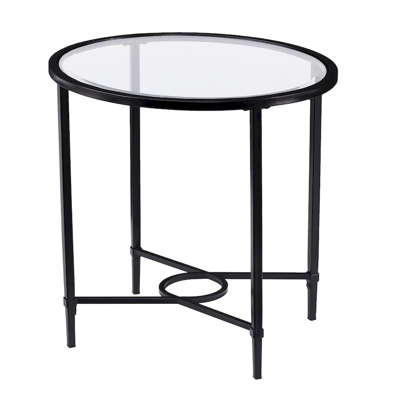 Table d'appoint ovale en métal à volutes avec plateau en verre trempé biseauté