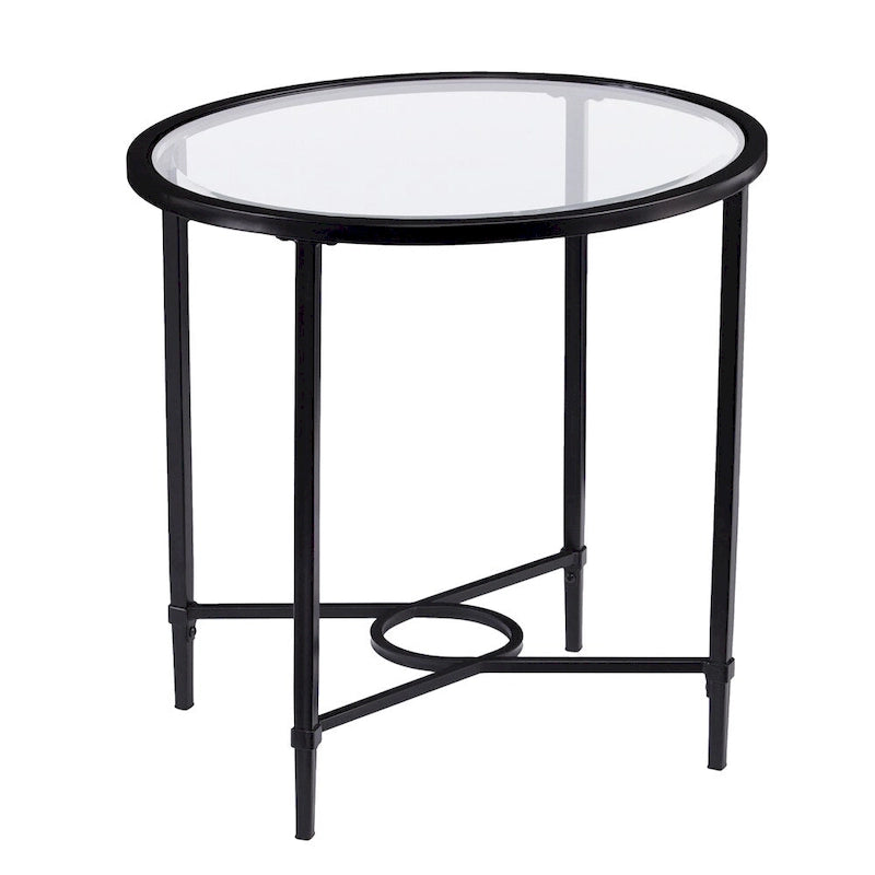 Table d'appoint ovale en métal à volutes avec plateau en verre trempé biseauté