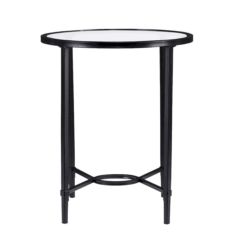 Table d'appoint ovale en métal à volutes avec plateau en verre trempé biseauté