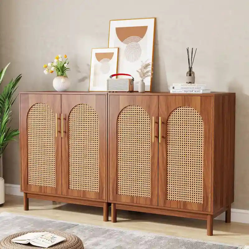 Set of 2 Rattan Sideboard, 59 Inch Buffet Cabinet with Doors, Accent Cabinet