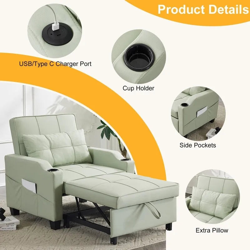Fauteuil Convertible, Canapé-Lit Convertible 3 en 1, Inclinable Réglable, Fauteuil, Canapé, Lit, Lin