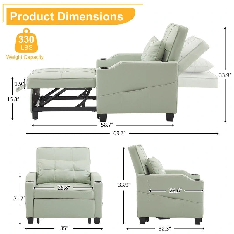 Fauteuil Convertible, Canapé-Lit Convertible 3 en 1, Inclinable Réglable, Fauteuil, Canapé, Lit, Lin