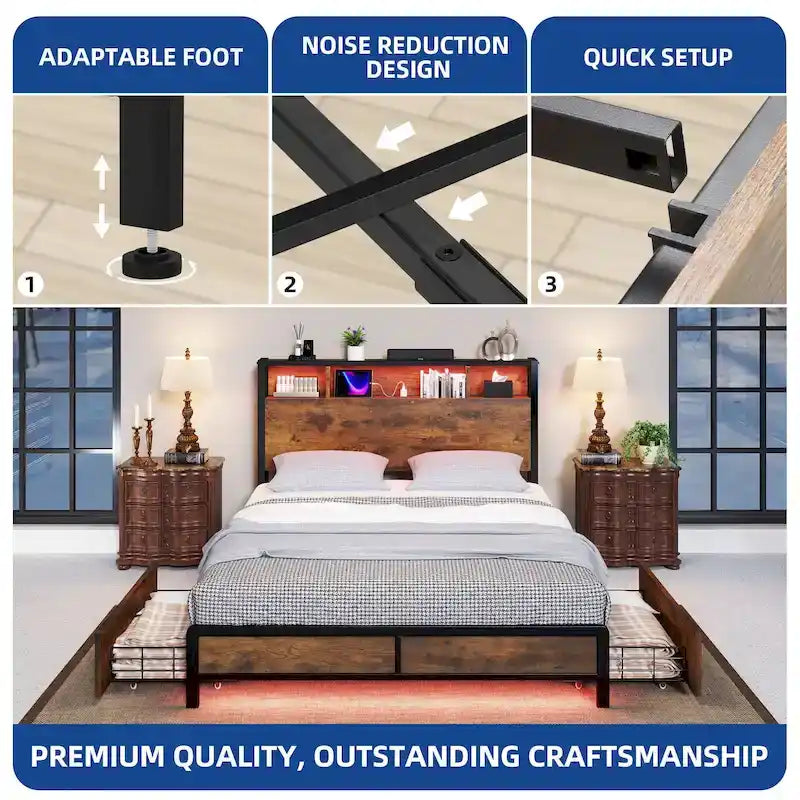 Cadre de lit Queen Size avec 4 tiroirs de rangement et tête de lit