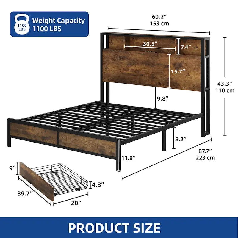 Cadre de lit Queen Size avec 4 tiroirs de rangement et tête de lit