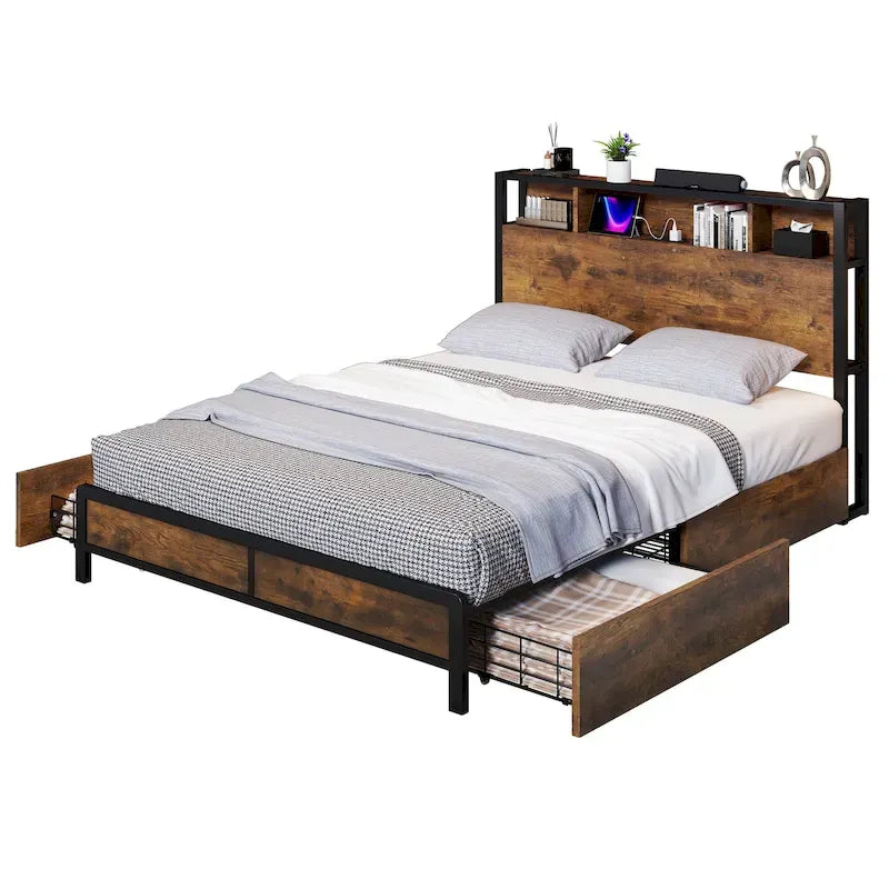 Cadre de lit Queen Size avec 4 tiroirs de rangement et tête de lit