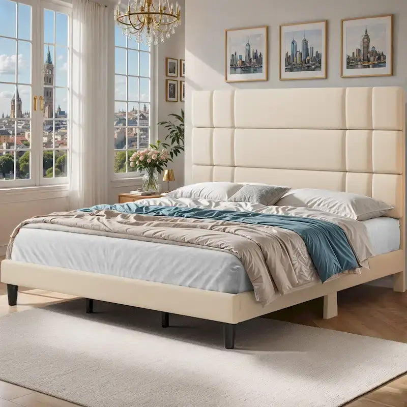 Moasis Queen/King Linen Upholstered Headboard Frame Platform Bed