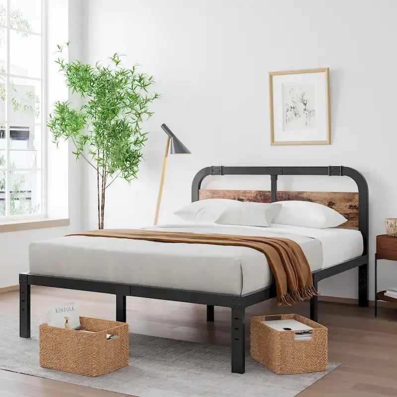 Lit en fer robuste anti-oscillation de 40 pouces avec tête de lit en bois massif