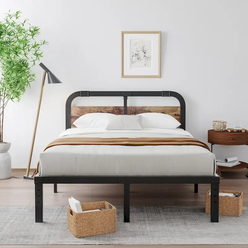 Lit en fer robuste anti-oscillation de 40 pouces avec tête de lit en bois massif