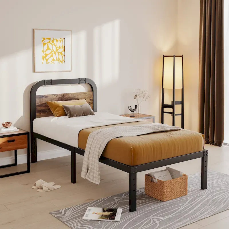 Lit en fer robuste anti-oscillation de 40 pouces avec tête de lit en bois massif