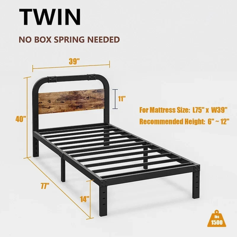 Lit en fer robuste anti-oscillation de 40 pouces avec tête de lit en bois massif