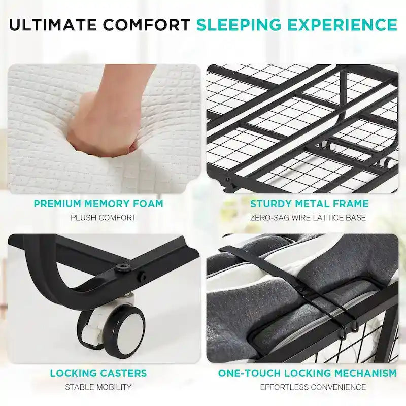 Lit pliant avec matelas en mousse à mémoire de forme - Lit d'appoint pliable portable pour adultes avec matelas en mousse à mémoire de forme de 12,7 cm