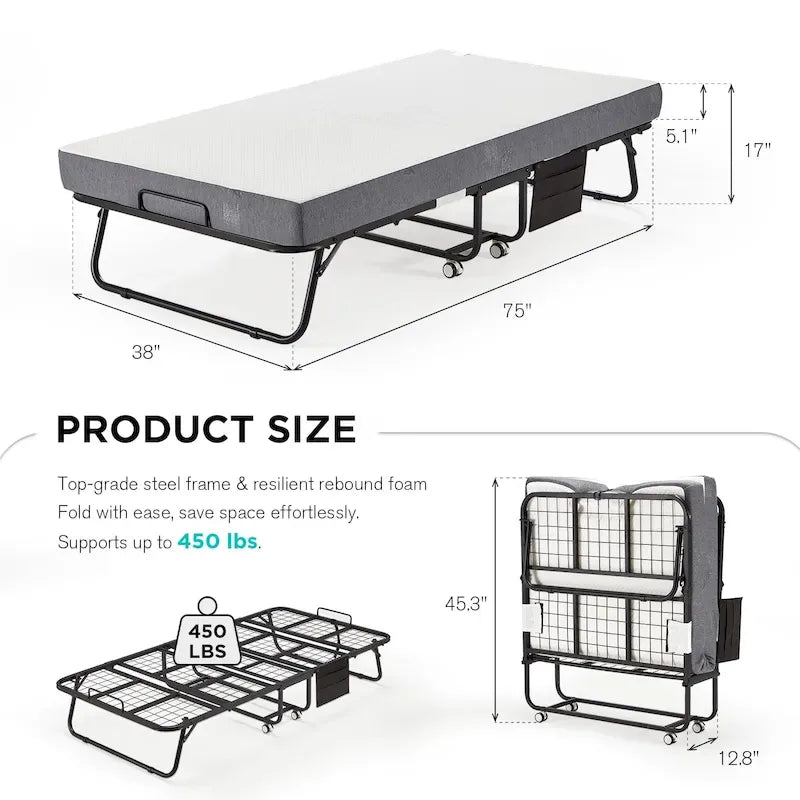 Lit pliant avec matelas en mousse à mémoire de forme - Lit d'appoint pliable portable pour adultes avec matelas en mousse à mémoire de forme de 12,7 cm