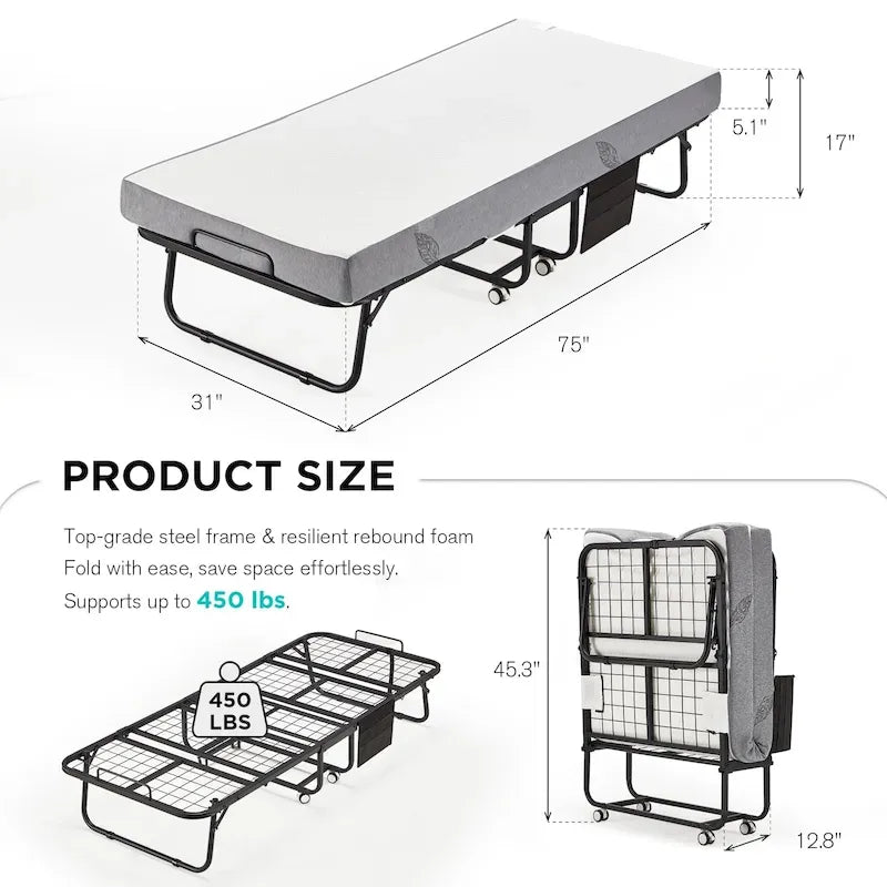 Lit pliant avec matelas en mousse à mémoire de forme - Lit d'appoint pliable portable pour adultes avec matelas en mousse à mémoire de forme de 12,7 cm