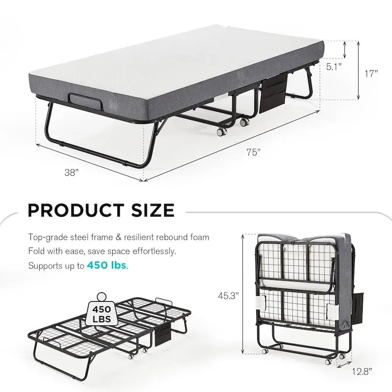 Lit pliant avec matelas en mousse à mémoire de forme - Lit d'appoint pliable portable pour adultes avec matelas en mousse à mémoire de forme de 12,7 cm
