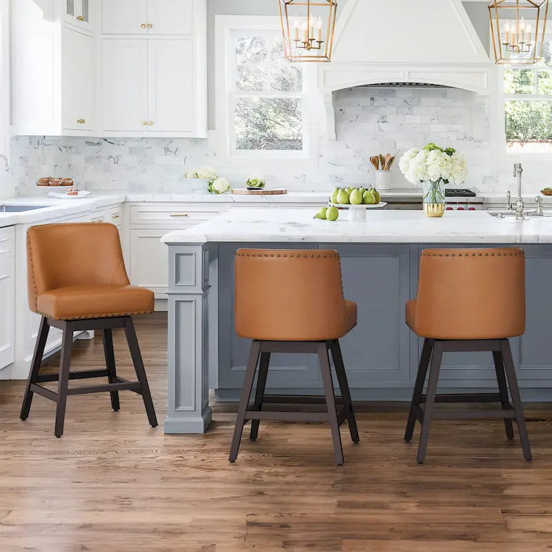 Tabourets de bar de 66 cm de haut, tabourets de bar pivotants à cadre en bois rembourré avec siège en tissu, lot de 3