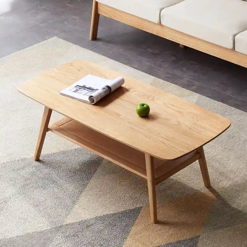 Table basse 2 niveaux en bois massif de style nordique avec étagère, table d'appoint rectangulaire