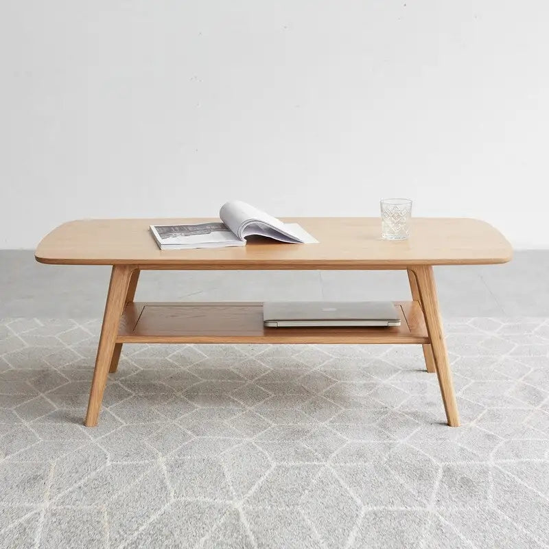 Table basse 2 niveaux en bois massif de style nordique avec étagère, table d'appoint rectangulaire