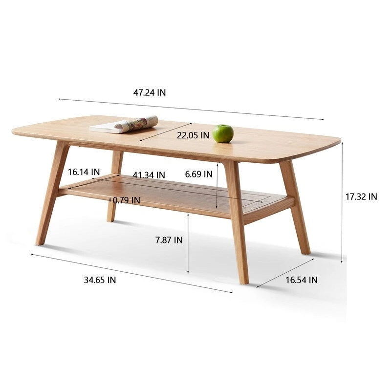 Table basse 2 niveaux en bois massif de style nordique avec étagère, table d'appoint rectangulaire