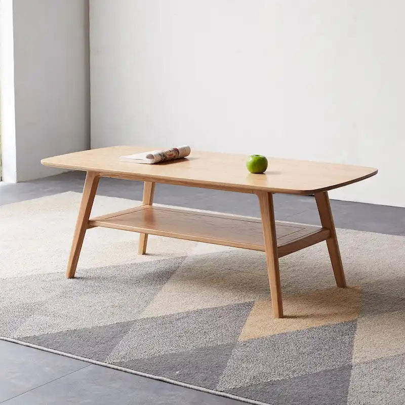 Table basse 2 niveaux en bois massif de style nordique avec étagère, table d'appoint rectangulaire