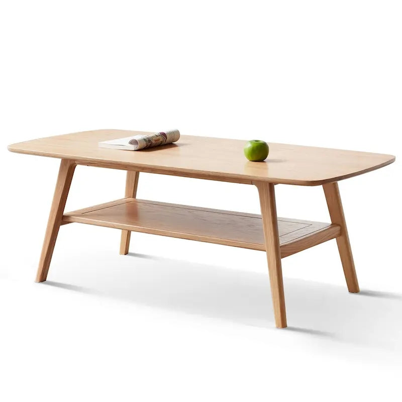 Table basse 2 niveaux en bois massif de style nordique avec étagère, table d'appoint rectangulaire