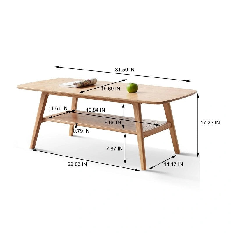 Table basse 2 niveaux en bois massif de style nordique avec étagère, table d'appoint rectangulaire