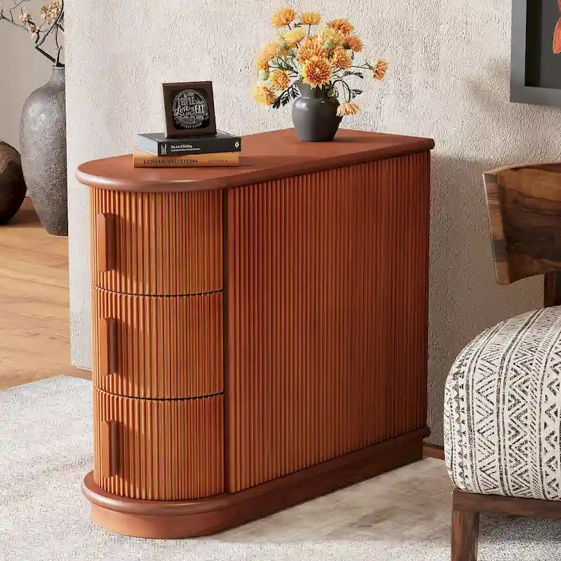Semi-oval 3-drawer Solid Wood End Side Table for Living Room