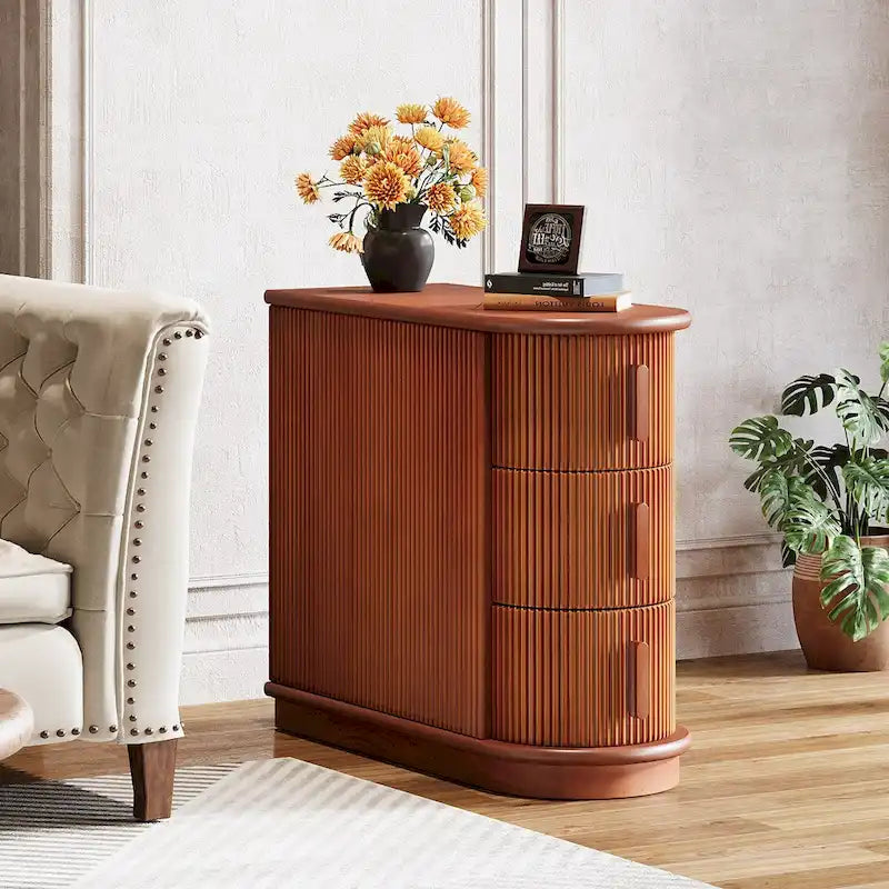 Table d'appoint semi-ovale en bois massif à 3 tiroirs pour salon