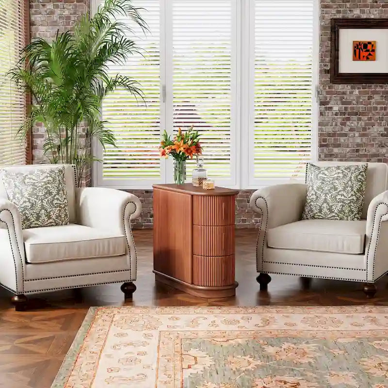 Table d'appoint semi-ovale en bois massif à 3 tiroirs pour salon