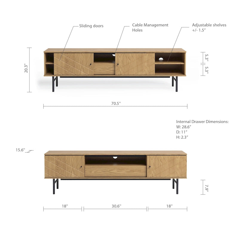 Meuble TV en chêne effet, 179 cm, meuble console média