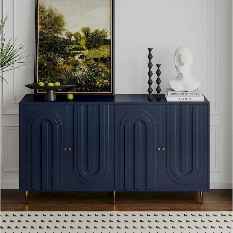 Buffet bahut de rangement d'appoint en bois, laqué gris/bleu, 4 portes, moderne, 152 cm