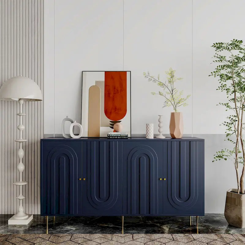 Buffet bahut de rangement d'appoint en bois, laqué gris/bleu, 4 portes, moderne, 152 cm