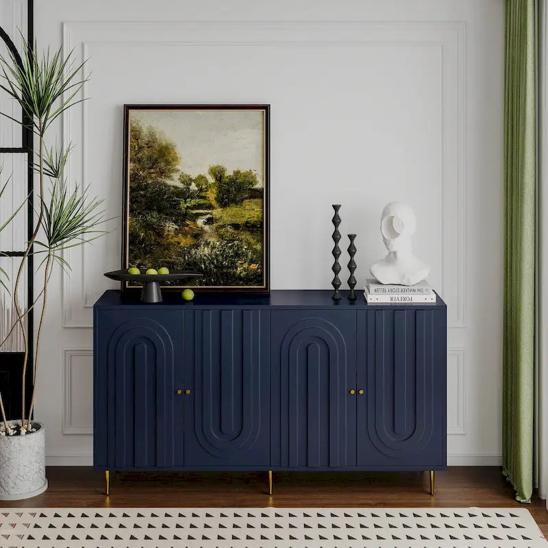 Buffet bahut de rangement d'appoint en bois, laqué gris/bleu, 4 portes, moderne, 152 cm