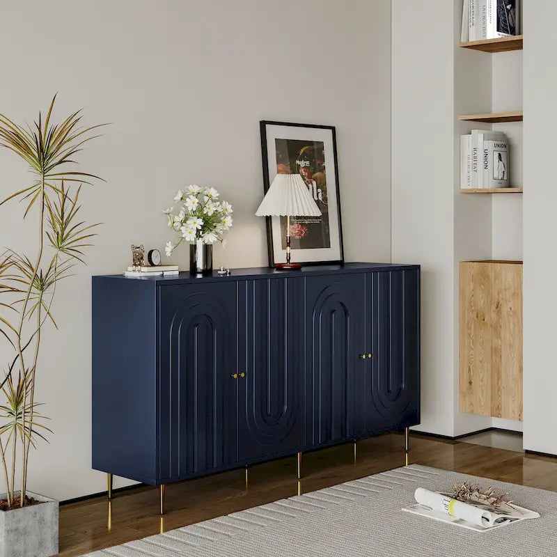 Buffet bahut de rangement d'appoint en bois, laqué gris/bleu, 4 portes, moderne, 152 cm